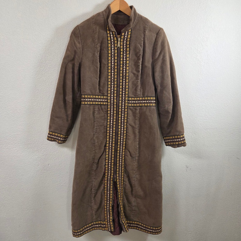 Vintage 70s Brown Brushed Cotton Maxi Coat Embroidered Trim Quilted Lining Boho